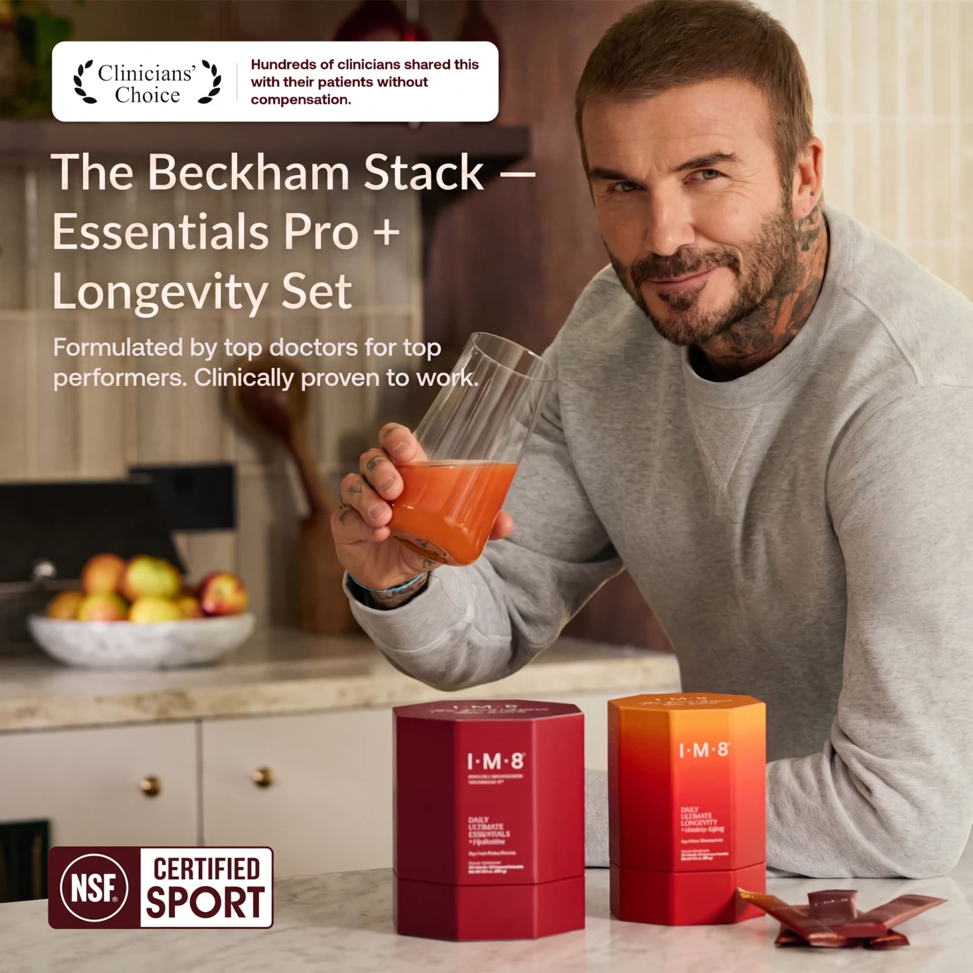 David Beckham with The Beckham Stack — Essentials Pro and Longevity boxes, NSF Certified for Sport